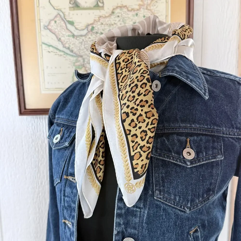 Vintage Elaine Gold Silk Scarf - Leopard Print & Palm Fronds - 26”‎ Neckerchief